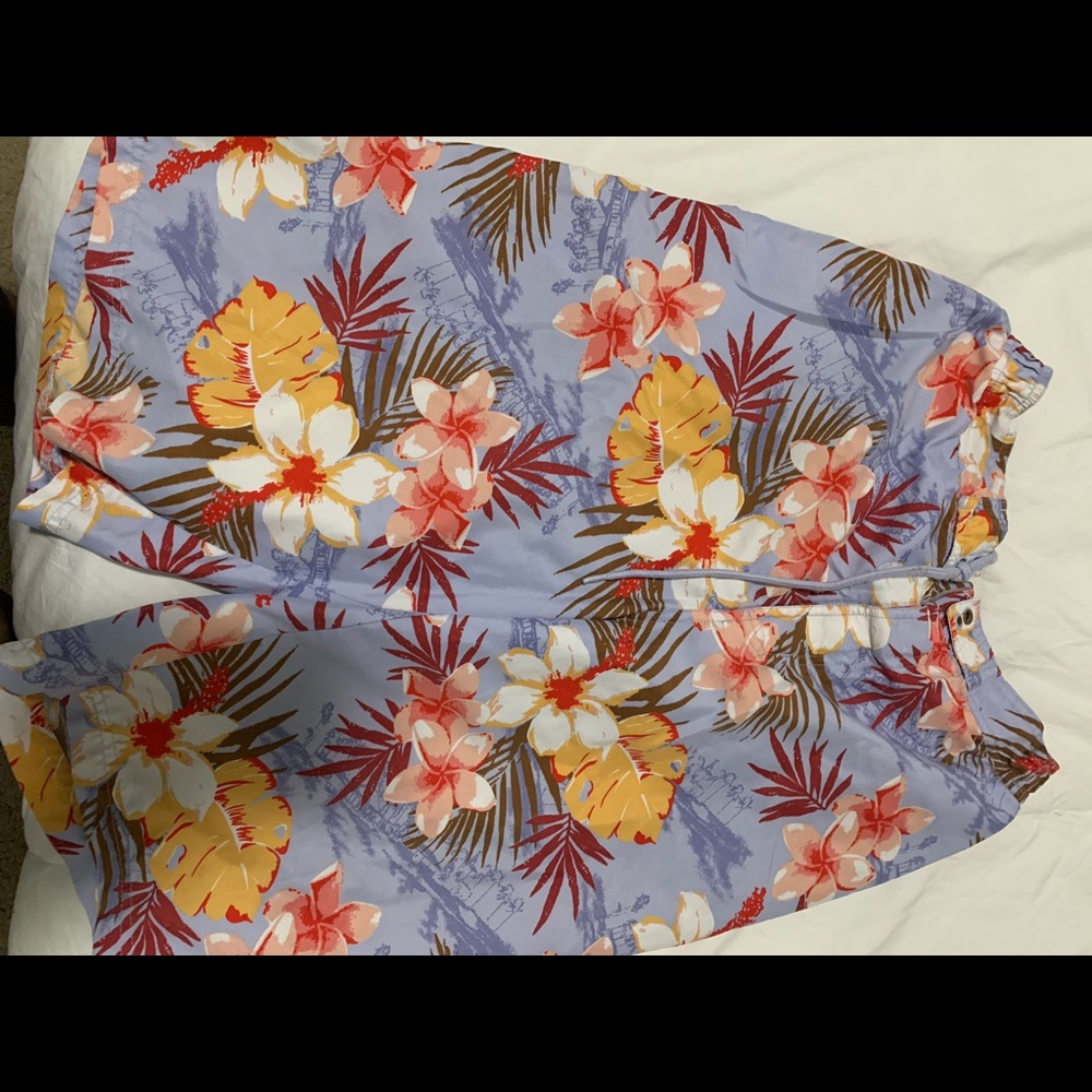 Men Tropical Print Drawstring Waist Swim Trunks